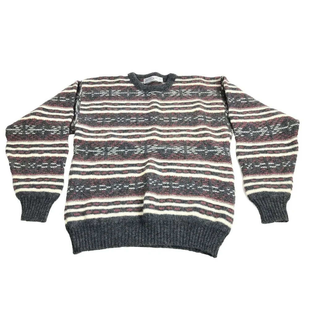 VINTAGE Jantzen Sweater Mens Large Gray Cream Geotmetic Made USA
